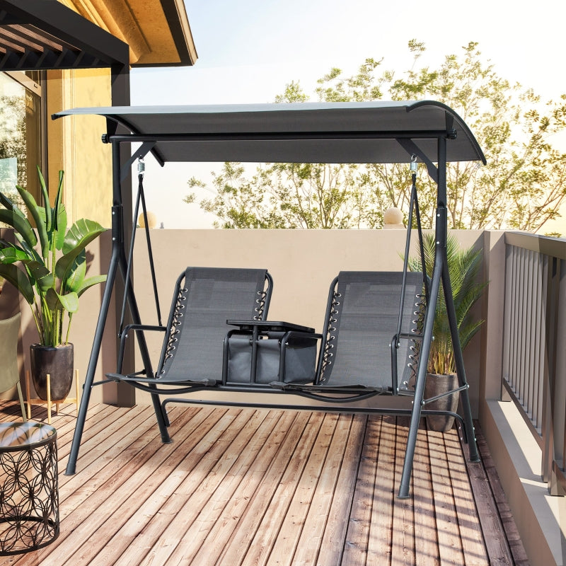 Outsunny 2-Seater Swing Chair Steel Frame Adjustable Canopy Texteline Garden Swing Seat w/ Middle Table Cup Holders Heavy Duty Outdoor Patio - Grey