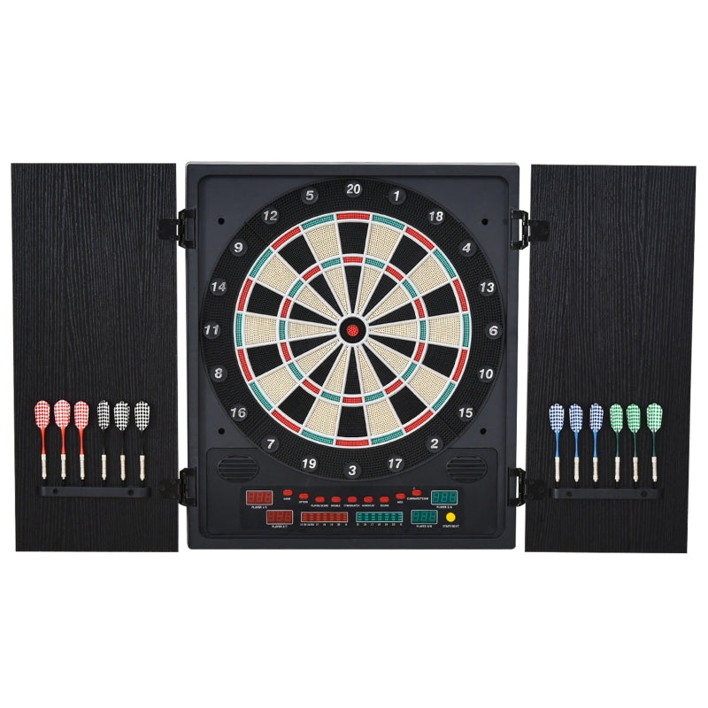 HOMCOM Electronic Dartboard In Case LED Scoreboard w/ 12 Darts 30 Heads Side Storage Cabinet Classic Game Family Fun Game Black White