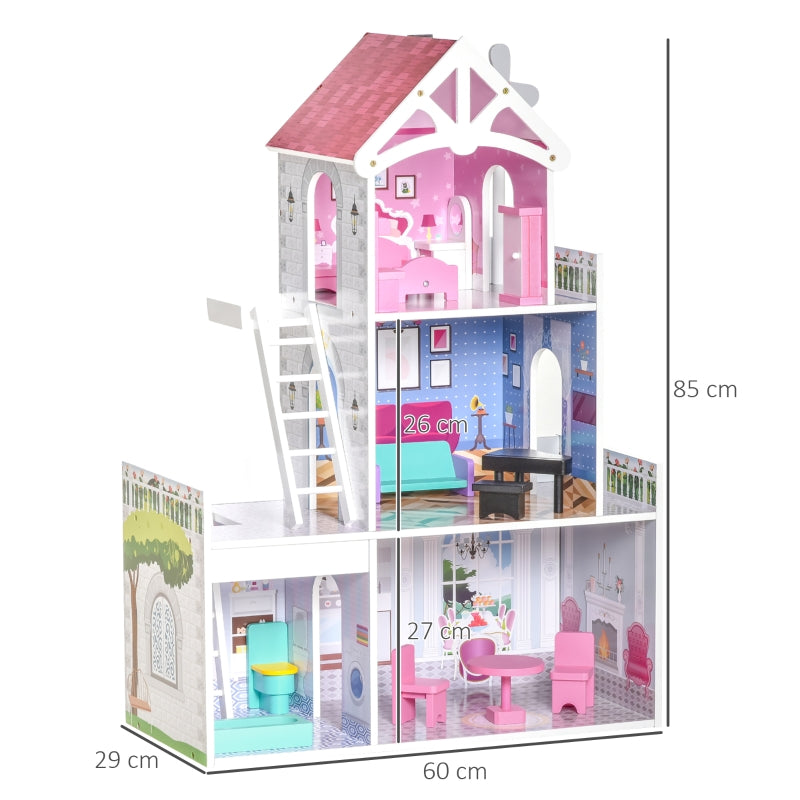 HOMCOM Kids Dollhouse Dreamhouse Villa for Toddler Girls Multi-level House for Children with Furniture Accessories Kit Pink