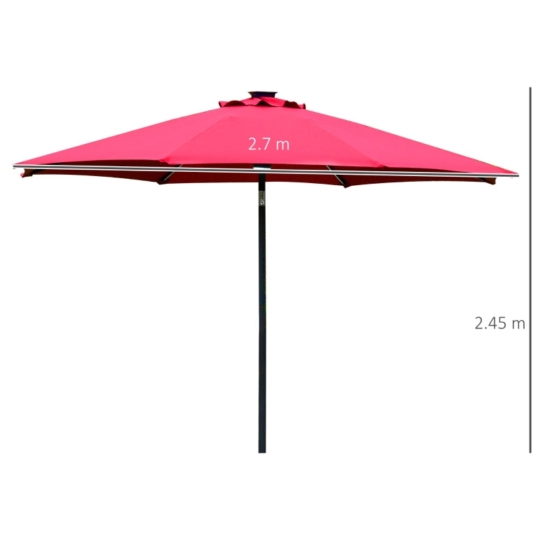 Outsunny 2.7m Garden Parasol Sun Umbrella Patio Summer Shelter w/ LED Solar Light, Angled Canopy, Vent, Crank Tilt, Red