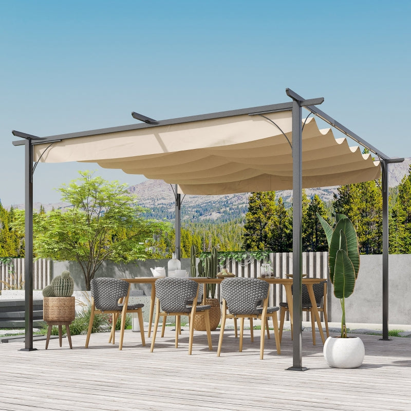 Outsunny 3.5M X 3.5M Metal Pergola Gazebo Awning Retractable Canopy Outdoor Garden Sun Shade Shelter Marquee Party BBQ, Beige