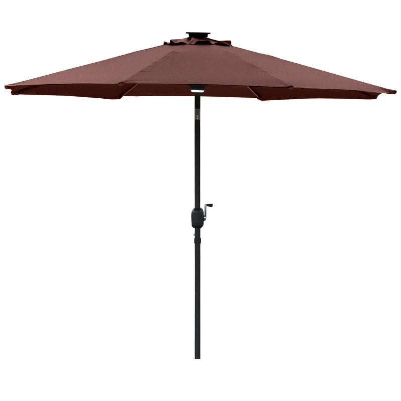 Outsunny 2.7m Garden Parasol Sun Umbrella Patio Summer Shelter w/ LED Solar Light, Angled Canopy, Vent, Crank Tilt, Coffee Brown