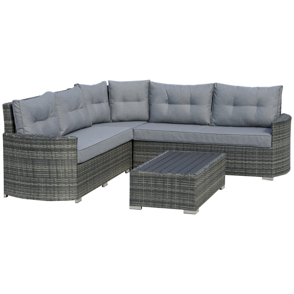 Outsunny 5-Seater Outdoor PE Rattan Sofa Set, Patio Wicker Sectional Conversation Aluminium Frame Corner Sofa Set w/ Padded Cushion, Mixed Grey