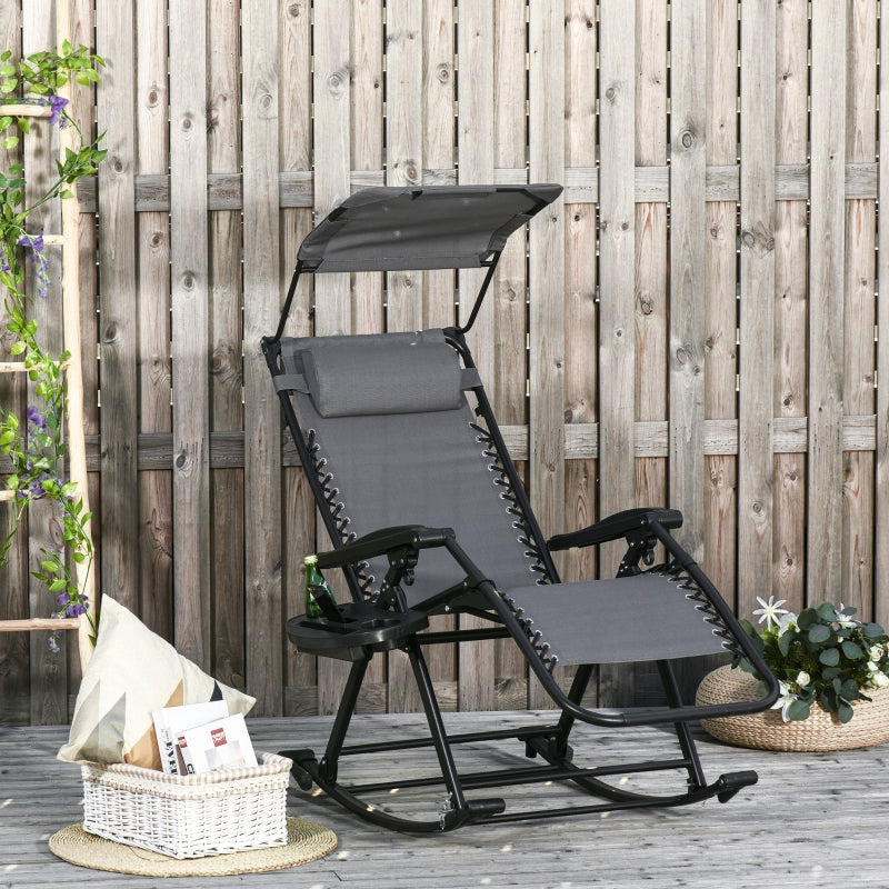 Outsunny Garden Rocking Chair Folding Recliner Outdoor Adjustable Sun Lounger Rocker Zero-Gravity Seat with Headrest Side Holder Patio Deck - Grey