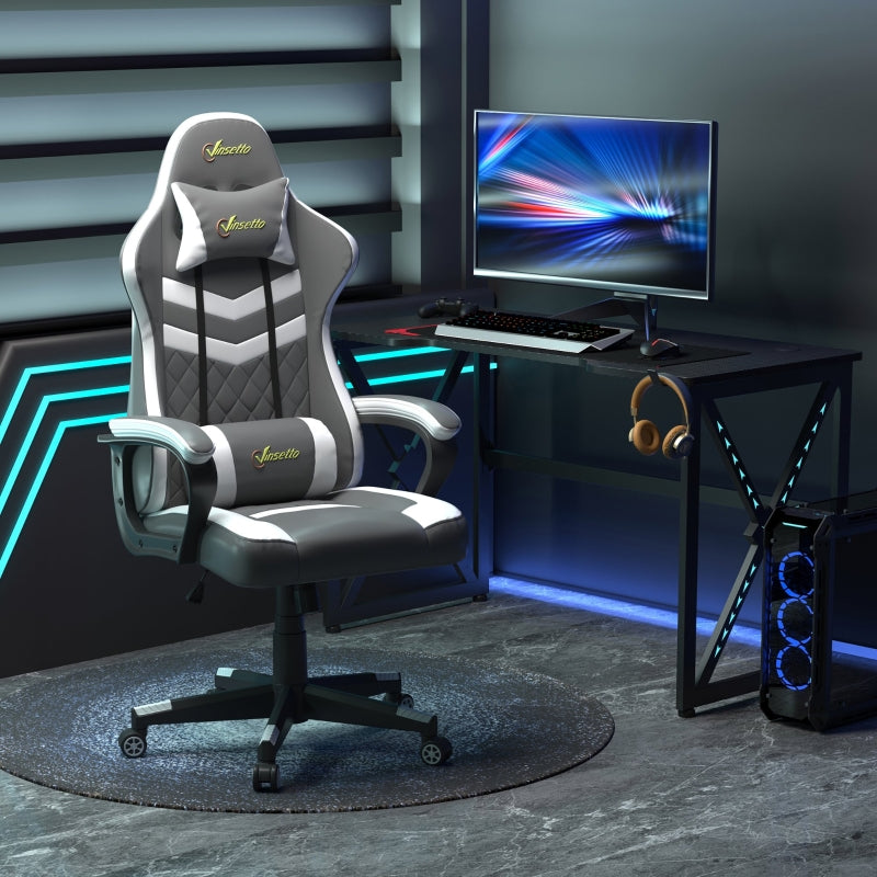 Vinsetto Racing Gaming Chair with Lumbar Support, Headrest, Swivel Wheel, PVC Leather Gamer Desk Chair for Home Office, Grey White