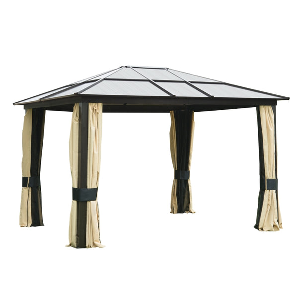 Outsunny 3.6 x 3(m) Hardtop Gazebo Canopy with Polycarbonate Roof and Aluminium Frame, Garden Pavilion with Mosquito Netting and Curtains, Brown