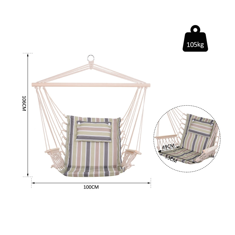 Outsunny Garden Outdoor Hanging Hammock Chair Thick Rope Frame Wooden Arms Safe Wide Seat Garden Outdoor Spot Stylish Multicoloured stripes