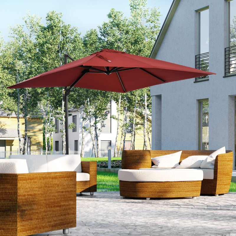 Outsunny 2.5x2.5m Patio Offset Parasol Umbrella Cantilever Hanging Aluminium Sun Shade Canopy Shelter 360°Rotation w/Crank Handle Cross Base Wine Red