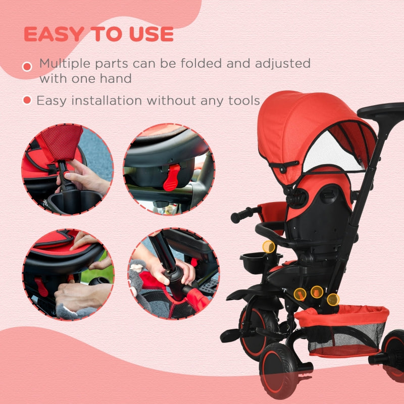 HOMCOM 7-in-1 Tricycle for Kids, Baby Trike with Rotatable Seat, Adjustable Push Handle, Safety Harness Detachable Canopy Semi-reclining Footrest Red