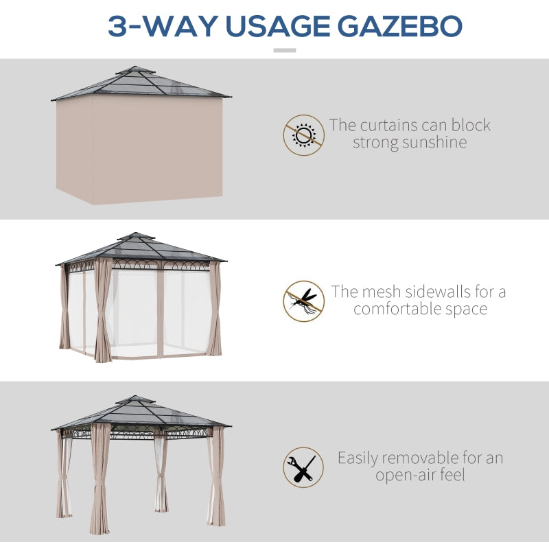 Outsunny 3 x 3 (m) Outdoor Polycarbonate Gazebo, Double Roof Hard Top Gazebo with Galvanized Steel Frame, Nettings & Curtains