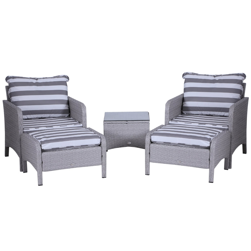 Outsunny 2 Seater PE Rattan Garden Furniture Set, 2 Armchairs 2 Stools Glass Top Table Cushions Wicker Weave Chairs Outdoor Seating - Grey