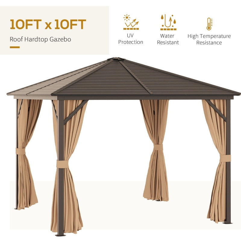 Outsunny 3 x 3 Meters Patio Aluminium Gazebo Hardtop Metal Roof Canopy Party Tent Garden Outdoor Shelter with Mesh Curtains & Side Walls - Brown