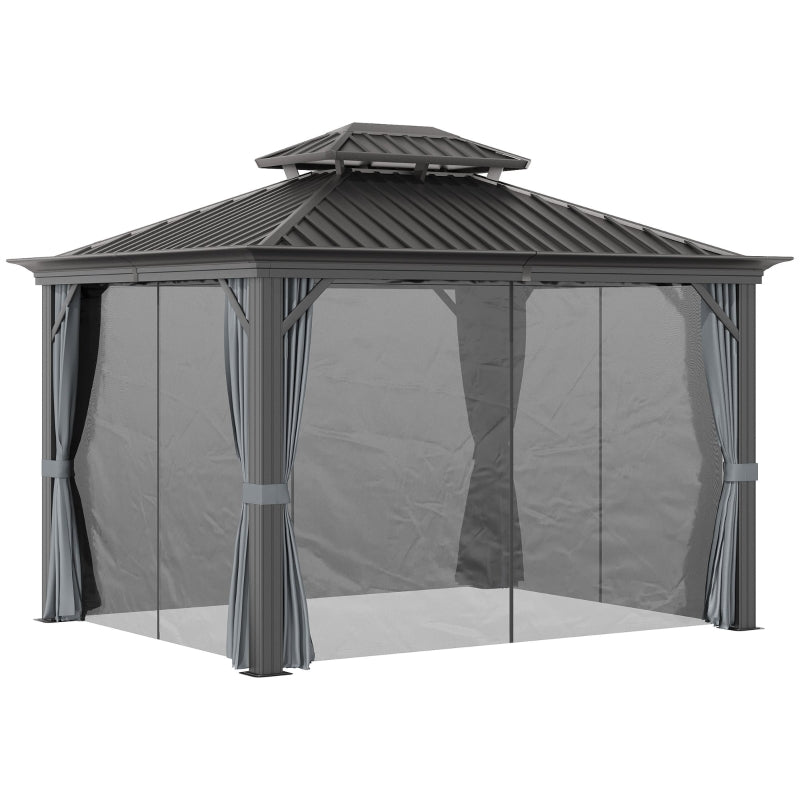 Outsunny 3.7 x 3(m) Outdoor Hardtop Gazebo Canopy Aluminum Frame with 2-Tier Roof & Mesh Netting Sidewalls for Patio, Grey