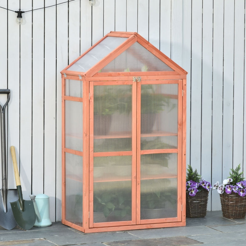 Outsunny 3-Tier Wooden Cold Frame Greenhouse Garden Polycarbonate Grow House w/ Adjustable Shelves, Double Doors, 80 x 47 x 138 cm, Orange