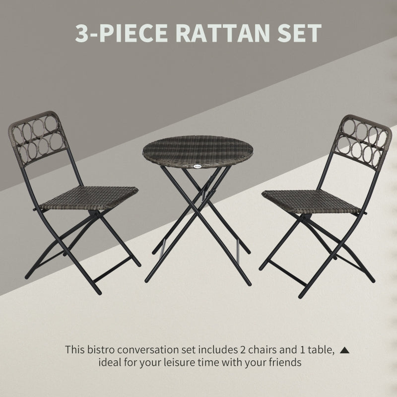 Outsunny 3 PCS Rattan Wicker Bistro Set with Easy Folding, Hand Woven Rattan Coffee Table and Chairs for Outdoor Lawn, Pool, Balcony & Garden, Grey