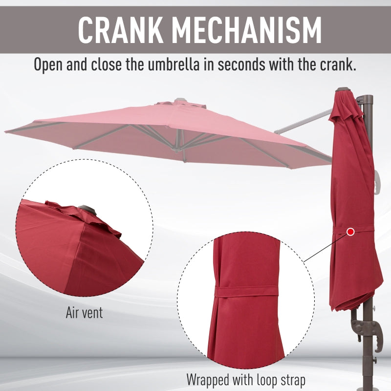 Outsunny 3m Cantilever Aluminium Frame 360 Rotation Hanging Parasol w/ Cross Base Wine Red