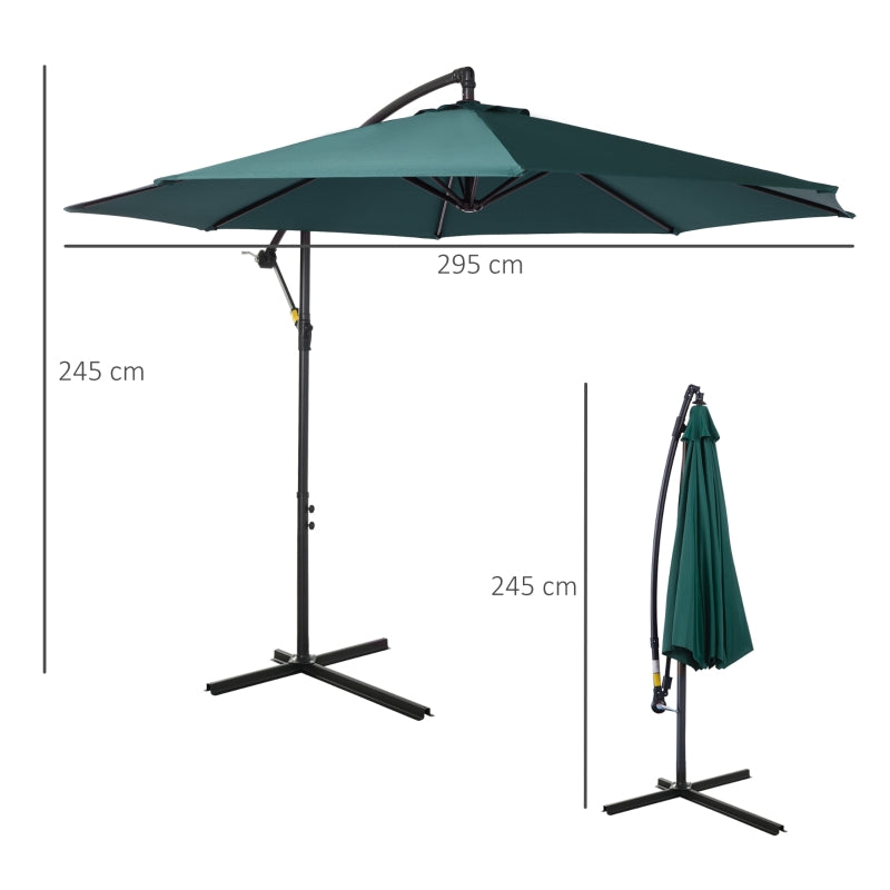 Outsunny 3(m) Banana Parasol Hanging Cantilever Umbrella with Crank Handle, 8 Ribs and Cross Base for Outdoor, Sun Shade, Dark Green