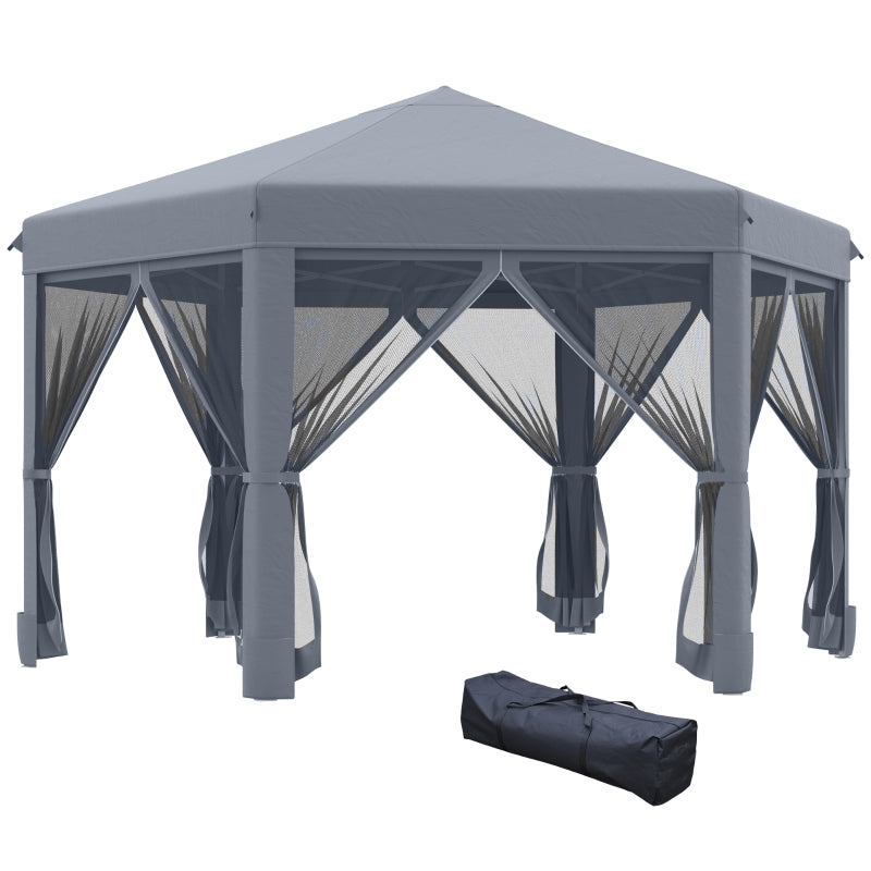 Outsunny 3.2m Canopy Rentals Pop Up Gazebo Hexagonal Canopy Tent Outdoor Sun Protection w/ Mesh Sidewalls, Handy Bag, Grey