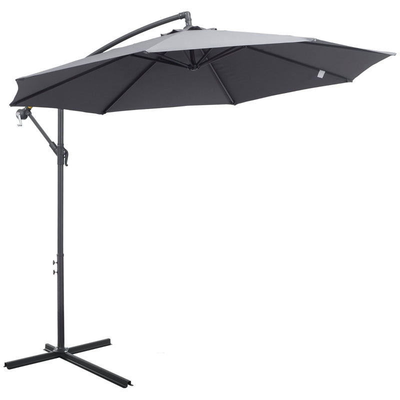 Outsunny 3(m) Garden Banana Parasol Cantilever Umbrella with Crank Handle and Cross Base, 8 Ribs for Outdoor, Hanging Sun Shade, Grey