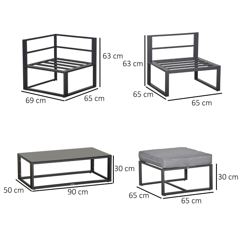 Outsunny 5 Pieces Outdoor Patio Furniture Set, Sofa Couch with Glass Coffee Table, Cushioned Chairs and Metal Frame, for Balcony Garden Backyard, Grey