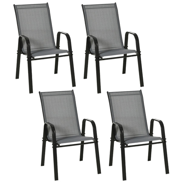 Outsunny Set of 4 Garden Dining Chair Set Stackable Outdoor Patio Furniture Set with Backrest and Armrest, Dark Grey