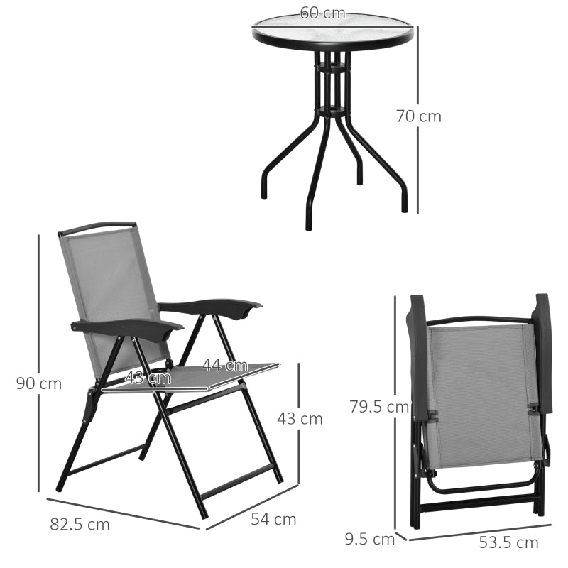 Outsunny 3 Piece Patio Furniture Bistro Set 2 Folding Chairs 1 Tempered Glass Table  Adjustable Backrest - Grey