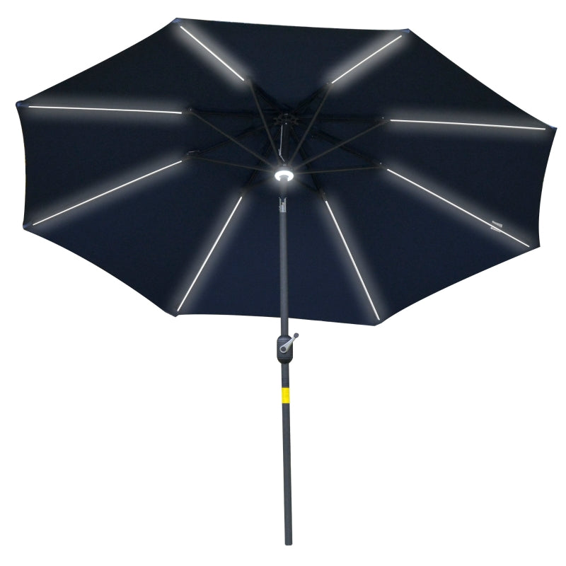 Outsunny 2.7m Garden Parasol Sun Umbrella Patio Summer Shelter w/ LED Solar Light, Angled Canopy, Vent, Crank Tilt, Blue