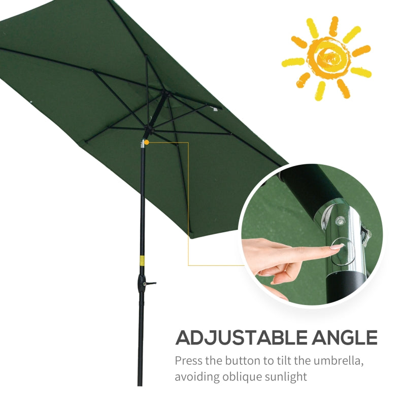 Outsunny 2 x 3m Rectangular Market Umbrella Patio Outdoor Table Umbrellas with Crank & Push Button Tilt, Green