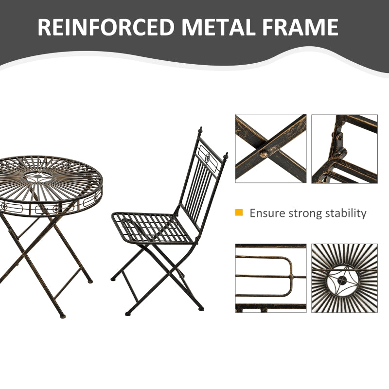 Outsunny 3 Piece Garden Outdoor Bistro Set with 2 Folding Chairs and 1 Folding Round Table, Metal Frame for Lawn, Backyard and Porch, Bronze