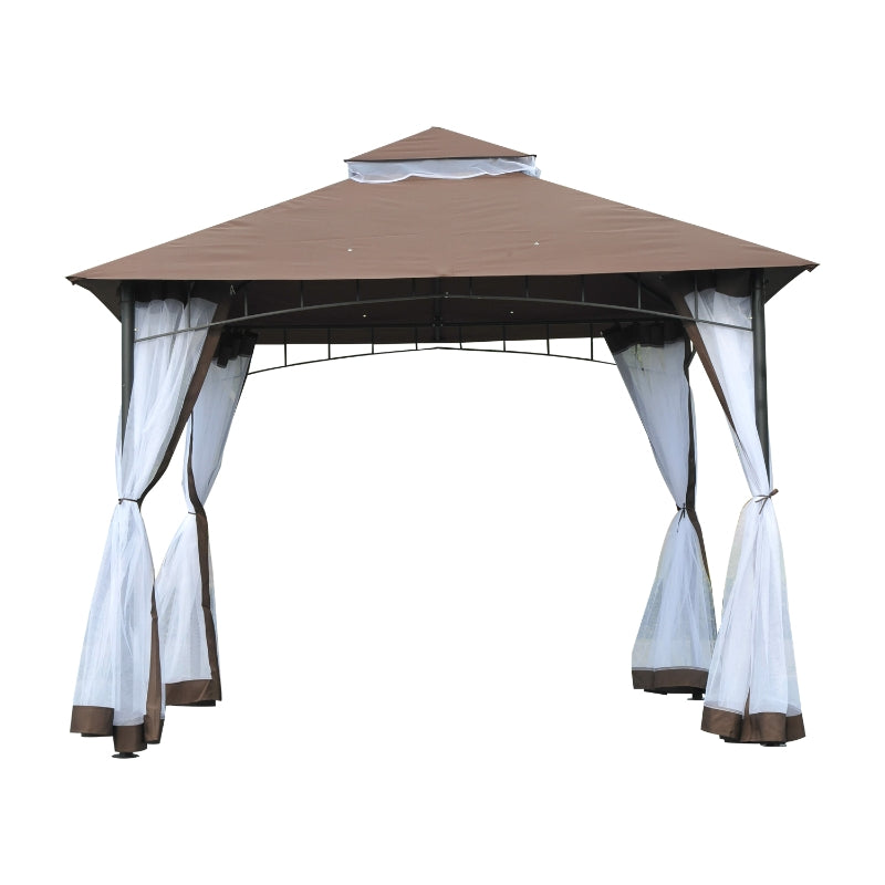 Outsunny 3 x 3 m Garden Metal Gazebo Square Outdoor Party Wedding Canopy Shelter w/Mesh, Brown