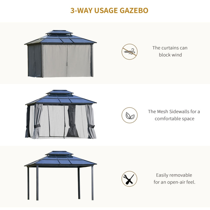 Outsunny 3.6 x 3(m) Polycarbonate Hardtop Gazebo Canopy with Double-Tier Roof and Aluminium Frame, Garden Pavilion with Mosquito Netting and Curtains