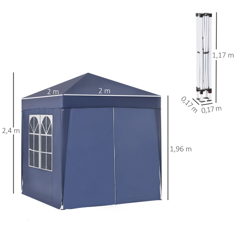 Outsunny 2x2m Garden Pop Up Gazebo Marquee Party Tent Wedding Awning Canopy W/ free Carrying Case + Removable 2 Walls 2 Windows-Blue