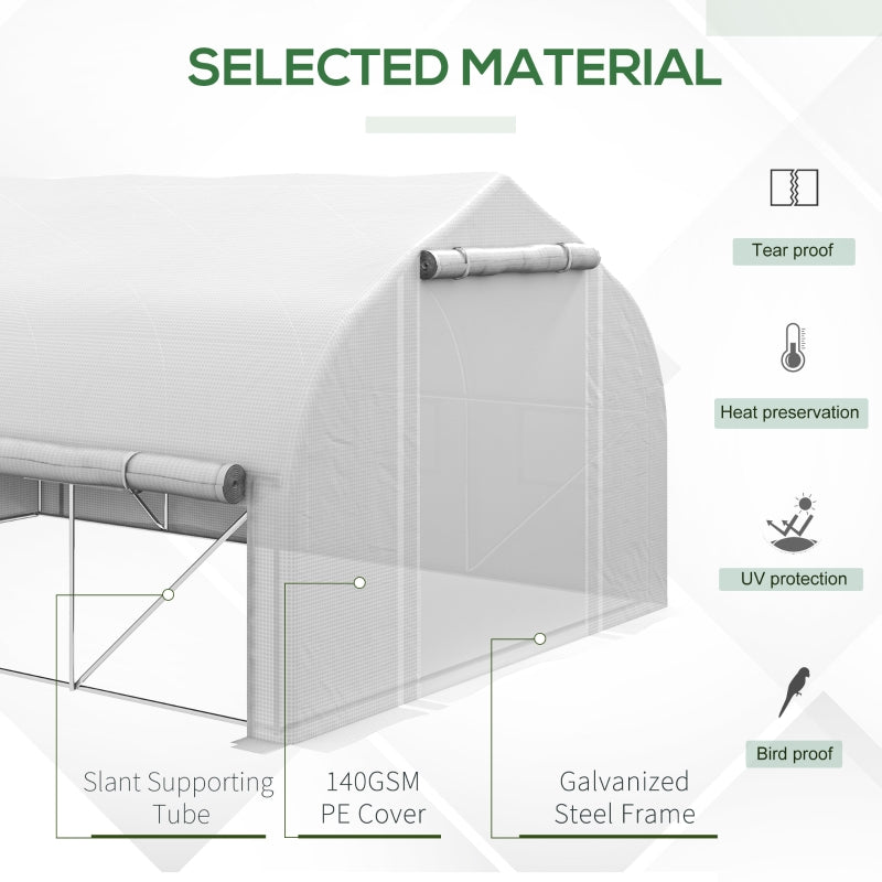 Outsunny 4 x 3(m) Walk-in Polytunnel Greenhouse, Zipped Roll Up Sidewalls, Mesh Door, 8 Mesh Windows, Tunnel Warm House Tent with PE Cover, Complimentary Plant Labels and Gloves, White