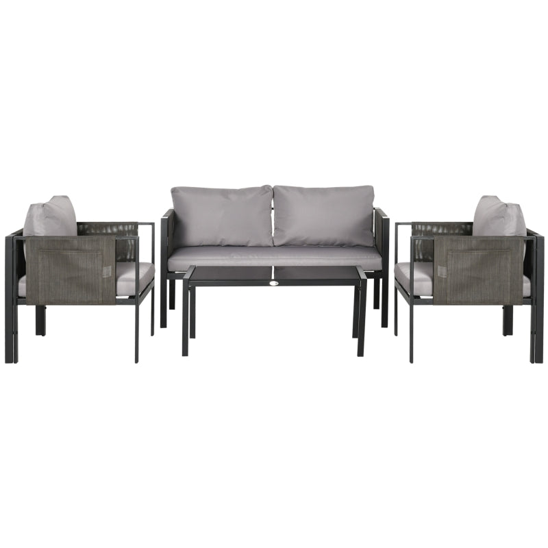 Outsunny 4 Piece Metal Garden Furniture Set with Tempered Glass Coffee Table, Patio Set Loveseat, Single Armchairs with Padded Cushions, Light Grey