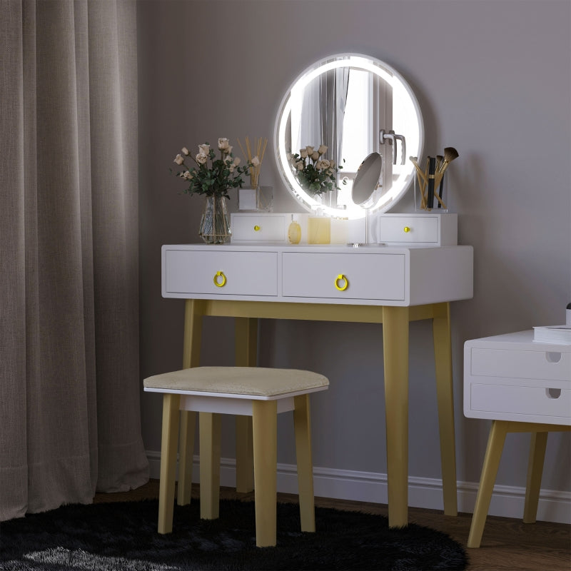 HOMCOM Dressing Table Set with Mirror, Built-in 3 Color LED Light, Vanity Makeup Table with 4 Drawers and Cushioned Stool for Bedroom, White