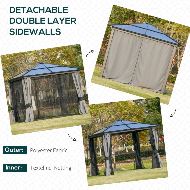 Outsunny 3 x 3(m) Hardtop Gazebo with UV Resistant Polycarbonate Roof & Aluminium Frame, Garden Pavilion with Mosquito Netting and Curtains