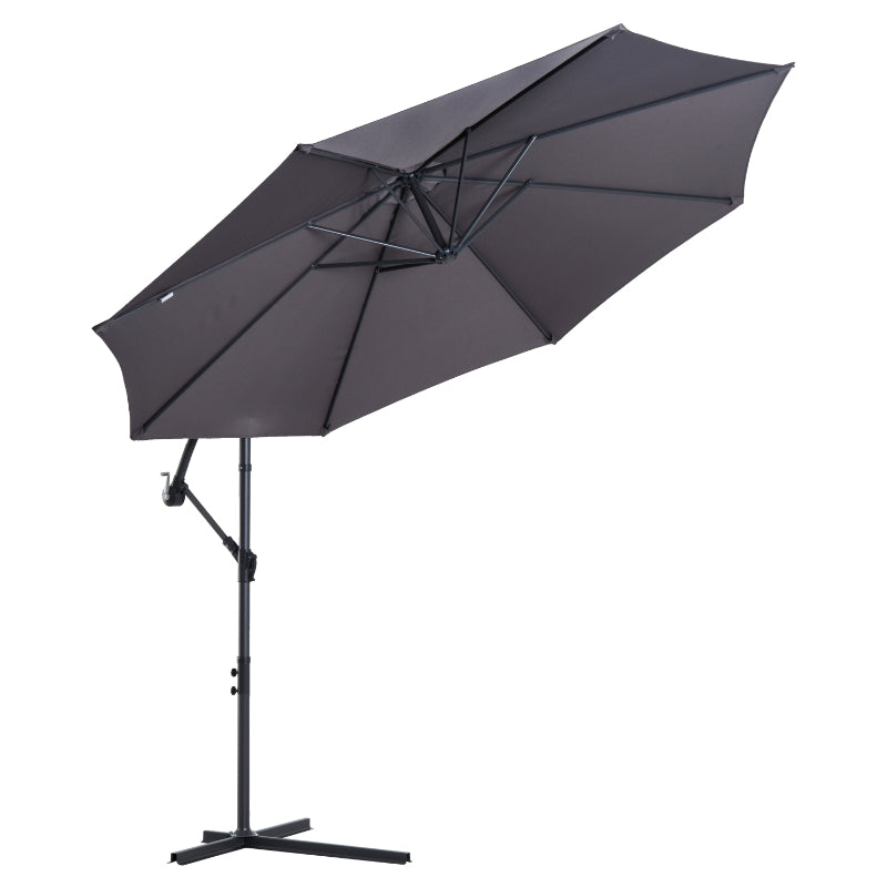 Outsunny 3(m) Garden Banana Parasol Hanging Cantilever Umbrella with Crank Handle, 8 Ribs and Cross Base for Outdoor, Sun Shade, Grey