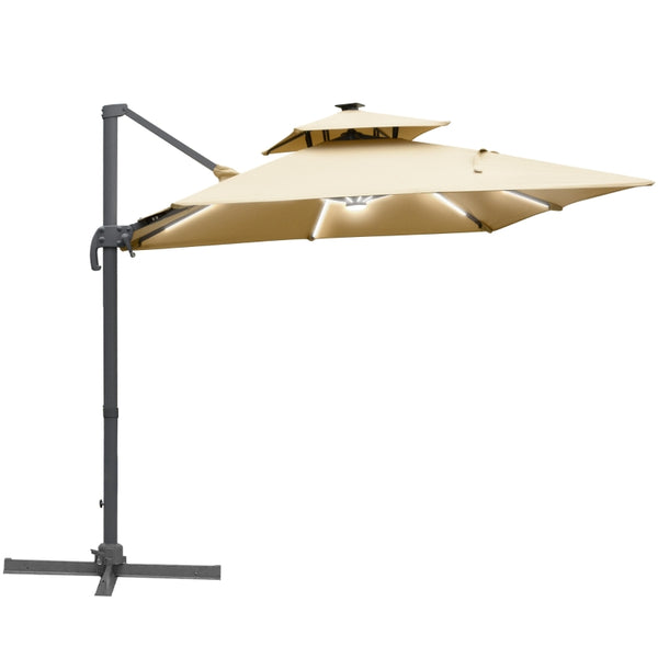 Outsunny 3m Cantilever Roma Parasol Adjustable Garden Sun Umbrella with Solar LED,  Tilt and Crank Handle, Cross Base for Lawn, Khaki