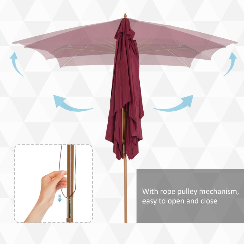 Outsunny 3m x 2m Wood Wooden Garden Parasol Sun Shade Patio Outdoor Umbrella Canopy New (Wine Red)