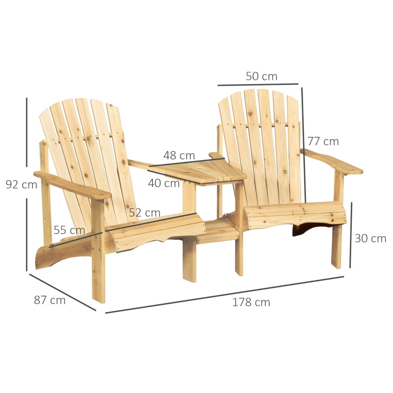 Outsunny Wooden Outdoor Double Adirondack Chairs Loveseat w/ Center Table and Umbrella Hole, Garden Patio Furniture for Lounging and Relaxing, Natural