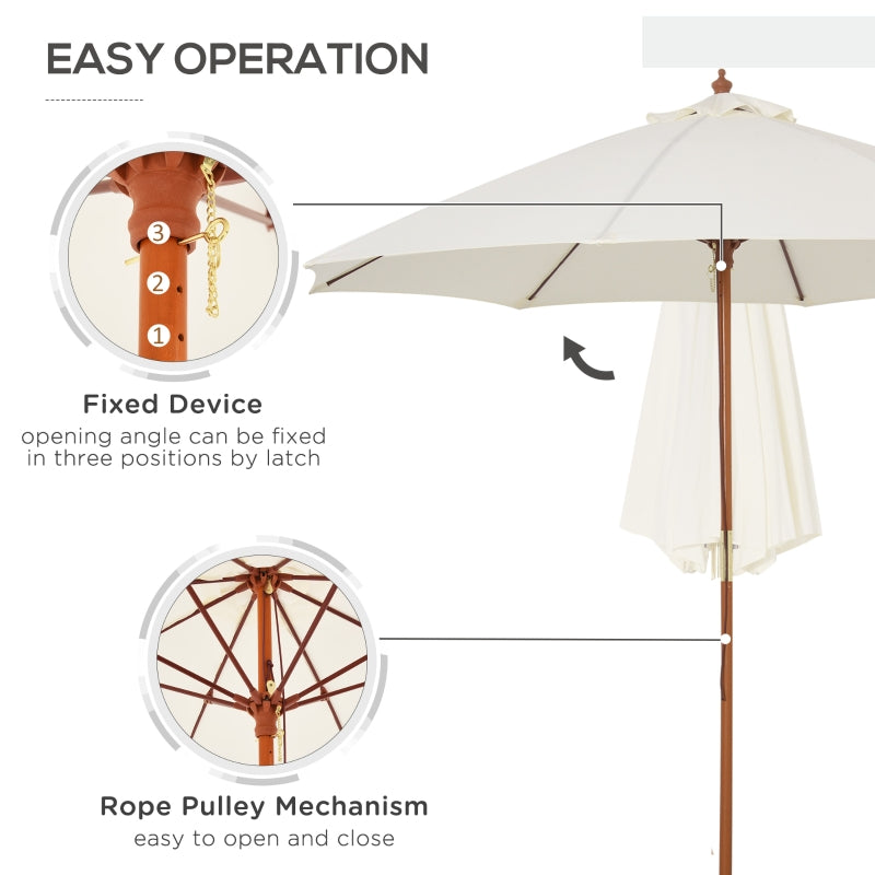 Outsunny 2.5m Wood Garden Parasol Sun Shade Patio Outdoor Market Umbrella Canopy with Top Vent, Cream White