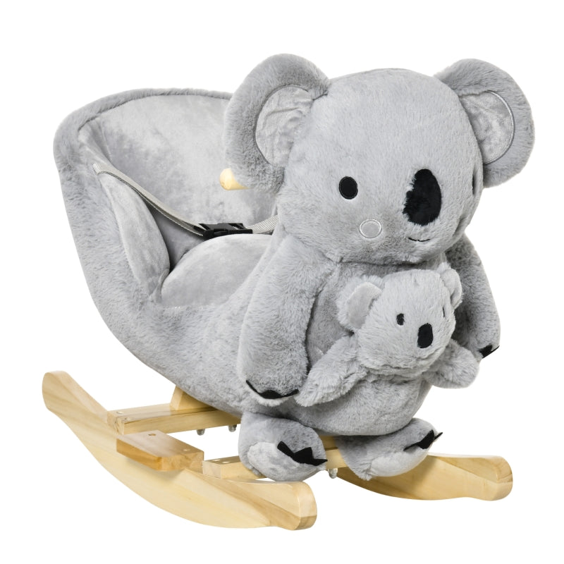 HOMCOM Kids Plush Ride-On Rocking Horse Koala-shaped Plush Toy Rocker with Gloved Doll Realistic Sounds for Child 18-36 Months Grey