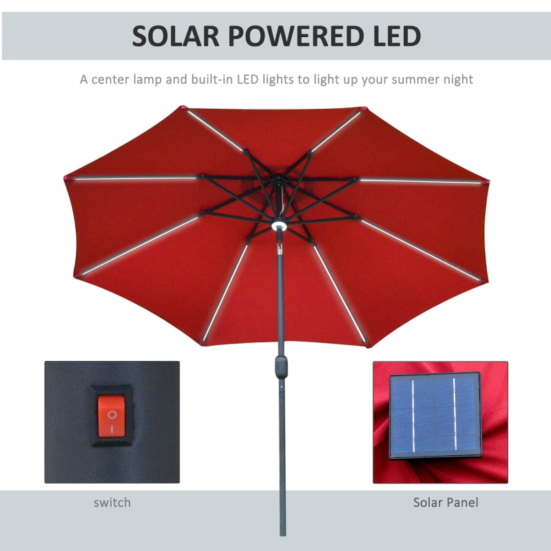 Outsunny 2.7m Garden Parasol Sun Umbrella Patio Summer Shelter w/ LED Solar Light, Angled Canopy, Vent, Crank Tilt, Red