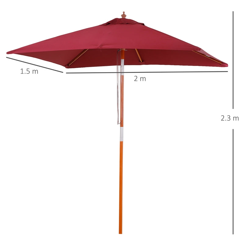 Outsunny 2 x 1.5m Patio Garden Parasol Sun Umbrella Sunshade Canopy Outdoor Backyard Furniture Fir Wooden Pole 6 Ribs Tilt Mechanism - Wine Red