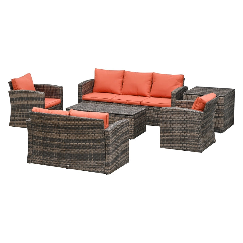 Outsunny 7-Seater Outdoor Rattan Wicker Sofa Set Sectional Patio Conversation Furniture Set w/ Storage Table & Cushion Mixed Brown