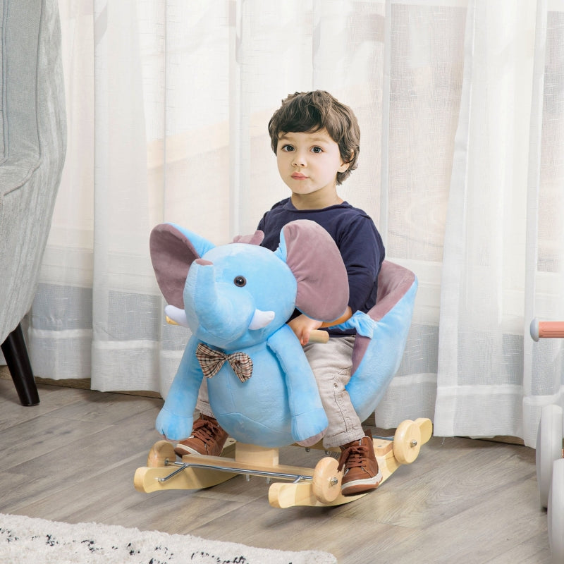 HOMCOM 2 In 1 Plush Baby Ride on Rocking Horse Elephant Rocker with Wheels Wooden Toy for Kids 32 Songs (Blue)