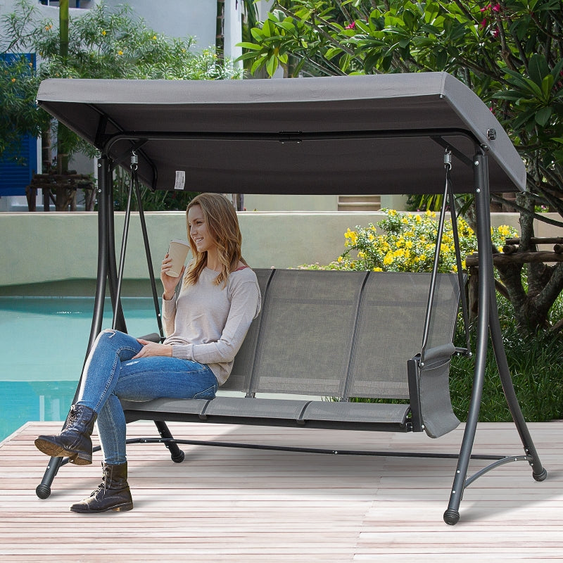 Outsunny 3 Person Outdoor Patio Porch Swing Chair with High Back Design, Side Pouches and Adjustable Canopy, Charcoal Grey