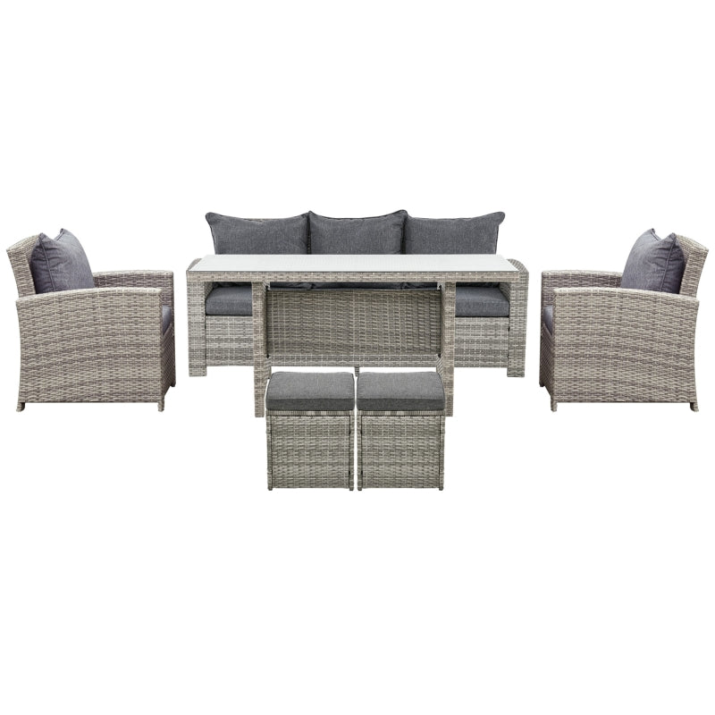 Outsunny 7-Seater Rattan Dining Set Sofa Table Garden Rattan Furniture Footstool Outdoor w/ Cushion, Grey