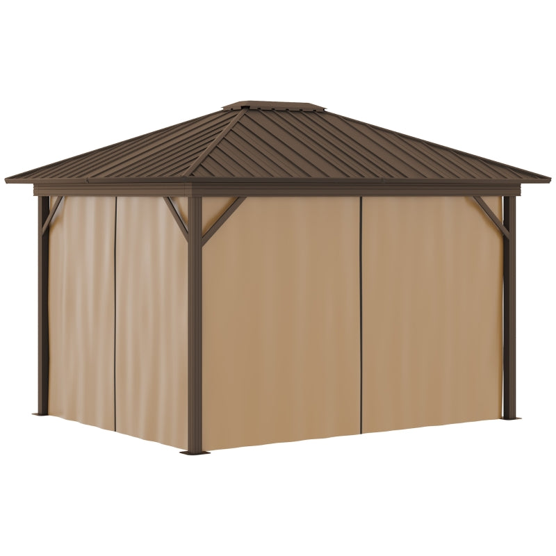 Outsunny 3.6 x 3(m) Outdoor Hardtop Gazebo Metal Roof Patio Gazebo with Aluminum Frame, Mesh Nettings, Curtains, & Roomy Interior Space, Brown