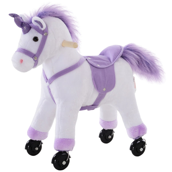 HOMCOM Four Wheel Sit-On Unicorn Horse Neigh Button Plush Safe Seat Handlebar Wood Frame